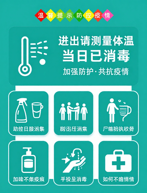 简约现代素材：简约青绿防控标识设计，提升防疫导视专业性与美观度