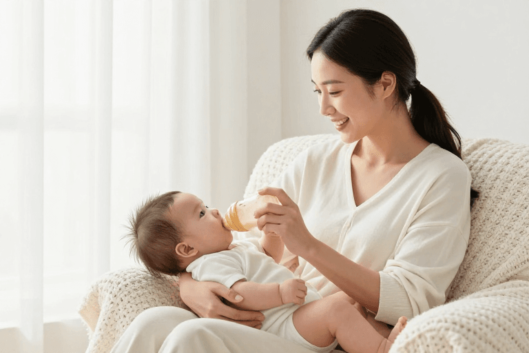 室内家居素材：温馨母婴时刻：亚洲母亲柔光喂养婴儿