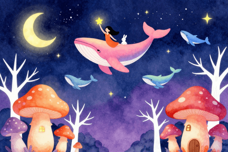 梦幻水彩素材：梦幻水彩星空：粉橙鲸鱼载女孩穿越奇幻森林