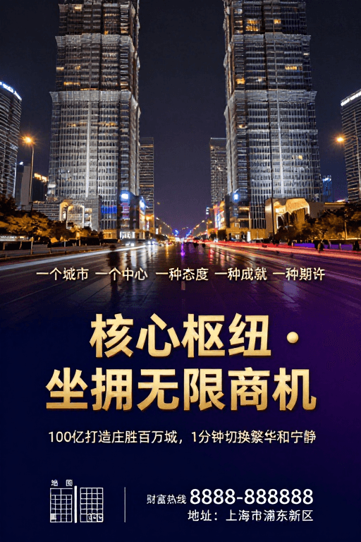 #广告海报素材：核心枢纽：现代奢华都市夜景商业海报