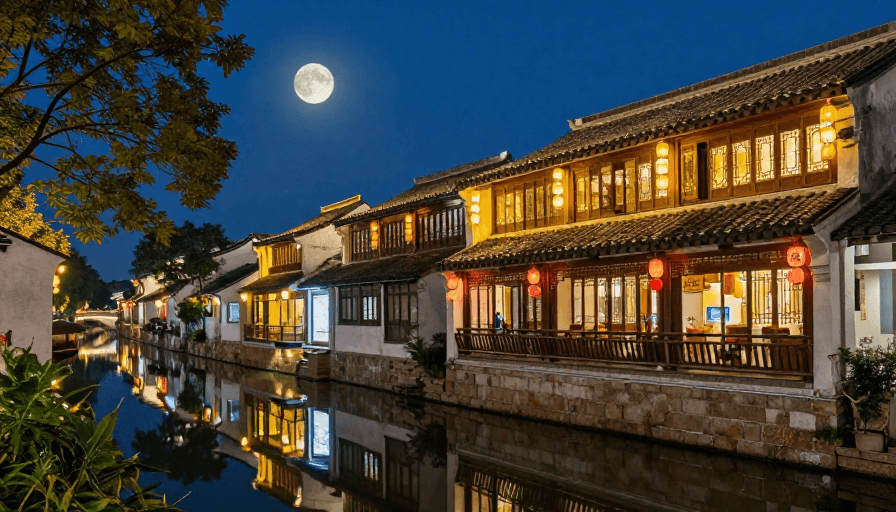 满月星空素材：古韵江南夜色：飞檐灯笼映月华