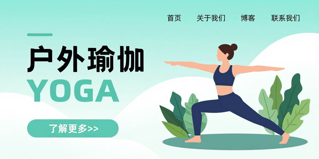 运动宣传素材：蓝绿渐变户外瑜伽扁平插画海报