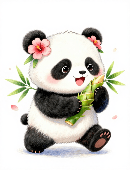古风熊猫素材：古风Q版熊猫：芙蓉花饰俏皮抱笋