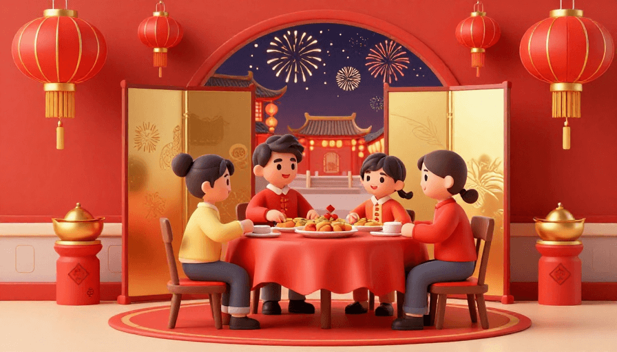 3D插画素材：新春团圆：3D红金插画呈现家庭年夜饭温馨场景