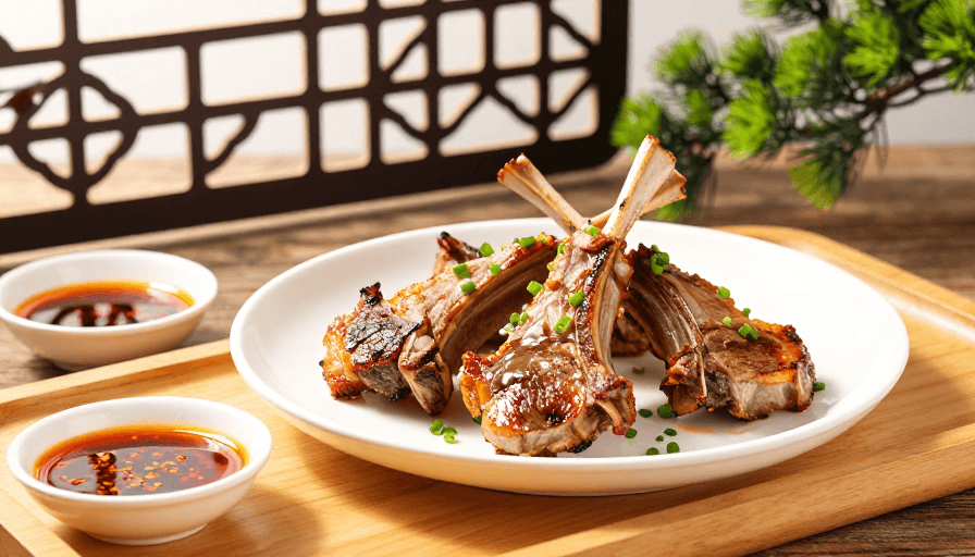 食材特写素材：精致中式烹饪：焦糖羊排与葱香蘸料特写