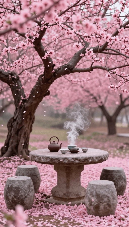 浪漫风景素材：古老桃树下春日茶韵：粉色云霞中的静谧时光