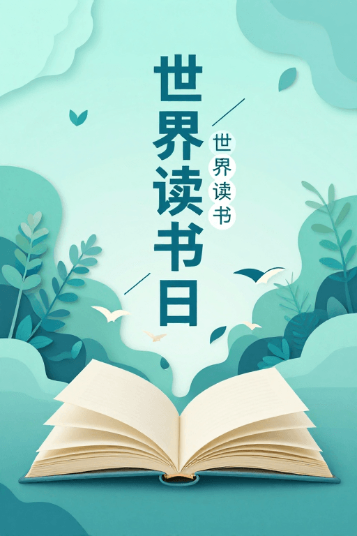 蓝绿色调素材：世界读书日蓝绿纸艺剪影海报