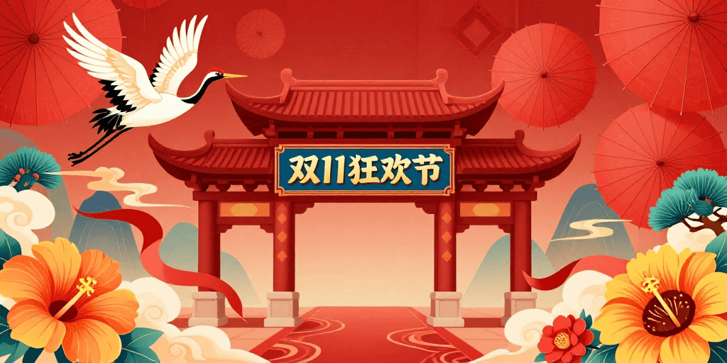 吉祥元素素材：双11中国风狂欢节插画