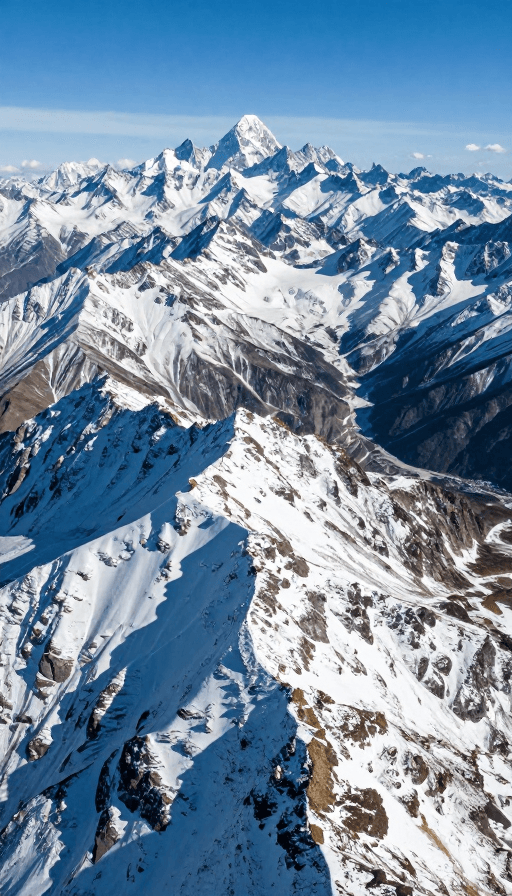 高空俯瞰素材：壮美雪山之巅：旋转俯瞰连绵雪峰