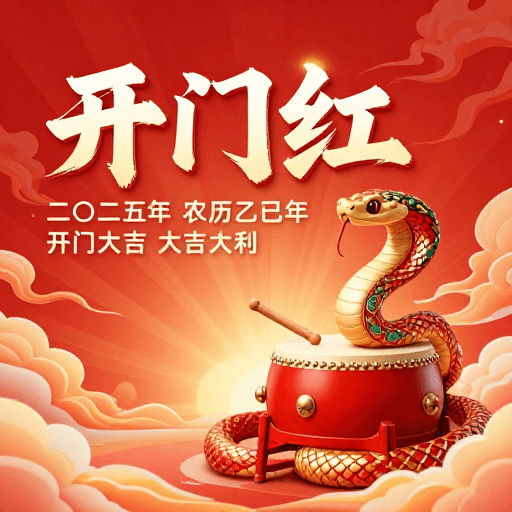 开门红素材：红金配色 乙巳蛇年开门红 立体浮雕书法新年海报