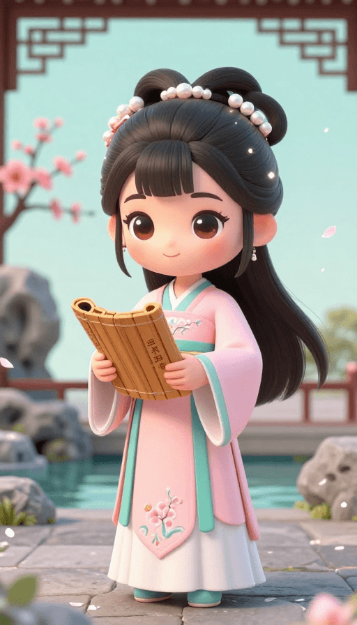 樱花元素素材：治愈系Q版王语嫣：古韵书香与江南春色