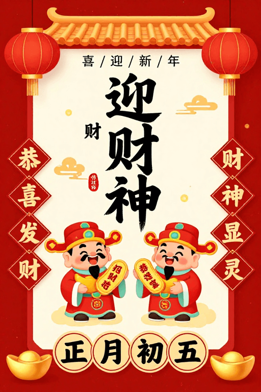 喜庆插画素材：红金配色迎新财：中国风春节海报
