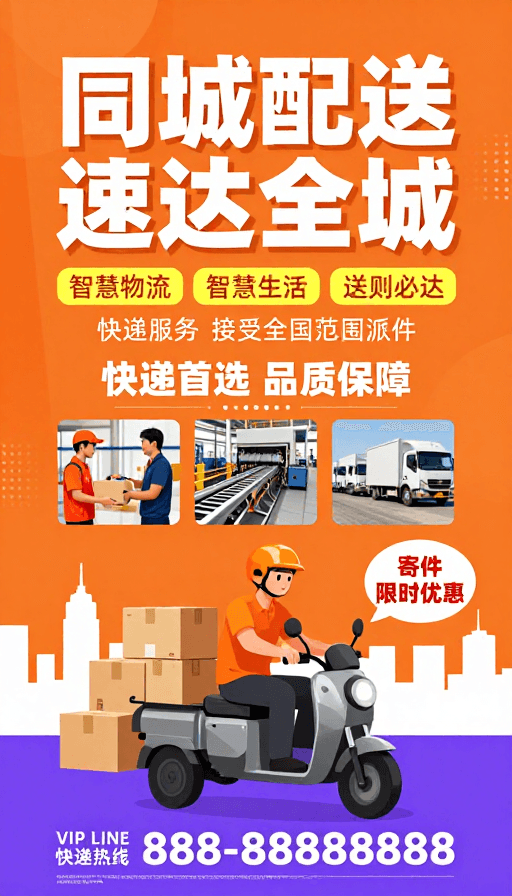 橙色主题素材：橙色活力物流：高效同城配送，速度直达全城
