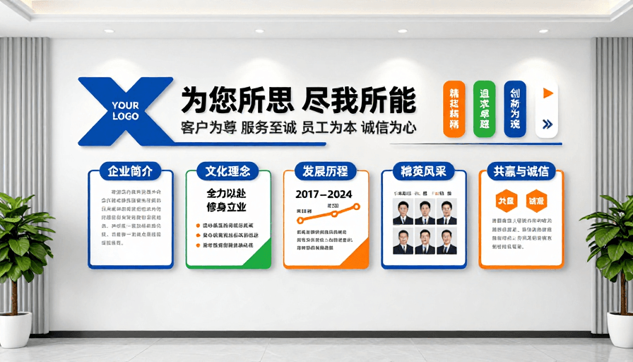 企业形象素材：现代企业形象文化墙设计：蓝橙绿活力配色方案