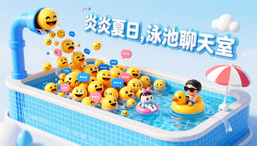 社交媒体推广素材：夏日泳池派对：Q版表情与聊天气泡的欢乐场景