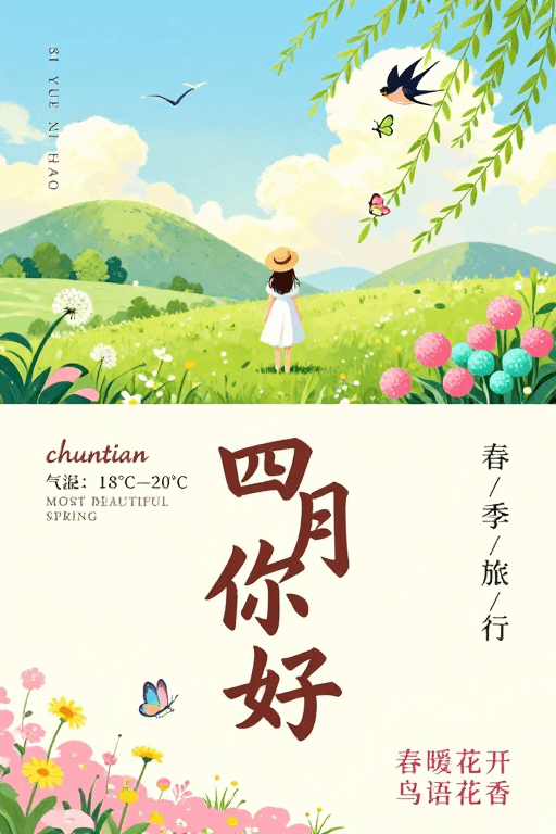 清新插画素材：春日治愈风插画：四月你好，清新启程