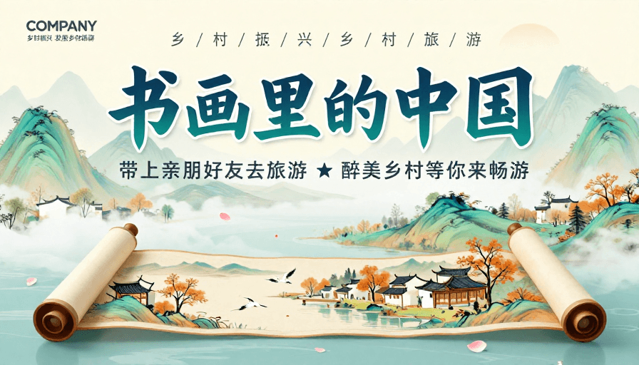 旅游海报素材：青绿山水诗意画卷：书画里的中国乡村旅游