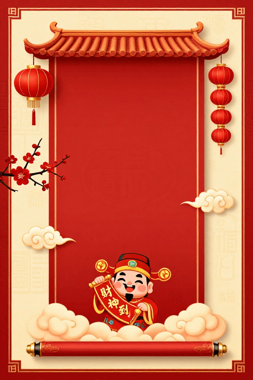 吉祥图案素材：中式红金喜庆卷轴财神图，吉祥富贵氛围
