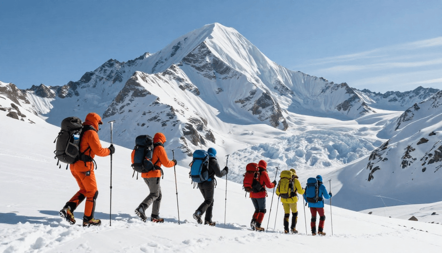 登山探险素材：六人登山团队挑战雪山之巅：高清逆光实拍