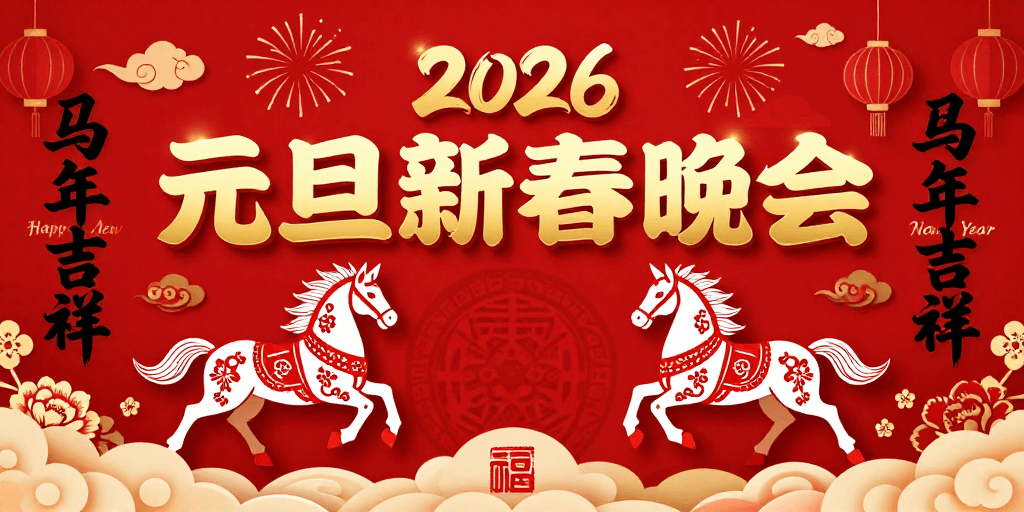 传统纹样素材：2026元旦新春晚会·红金配色中国风海报