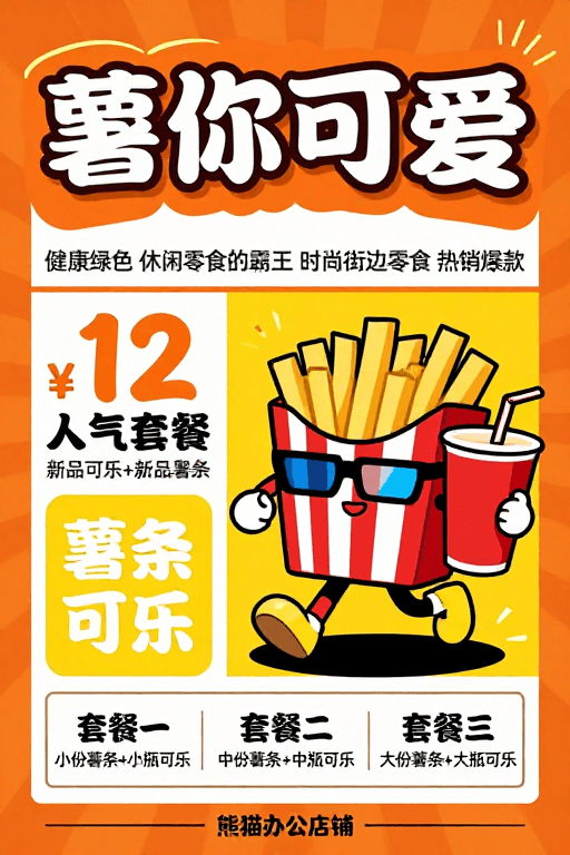 街头美食素材：复古漫画风零食促销海报：薯你可爱