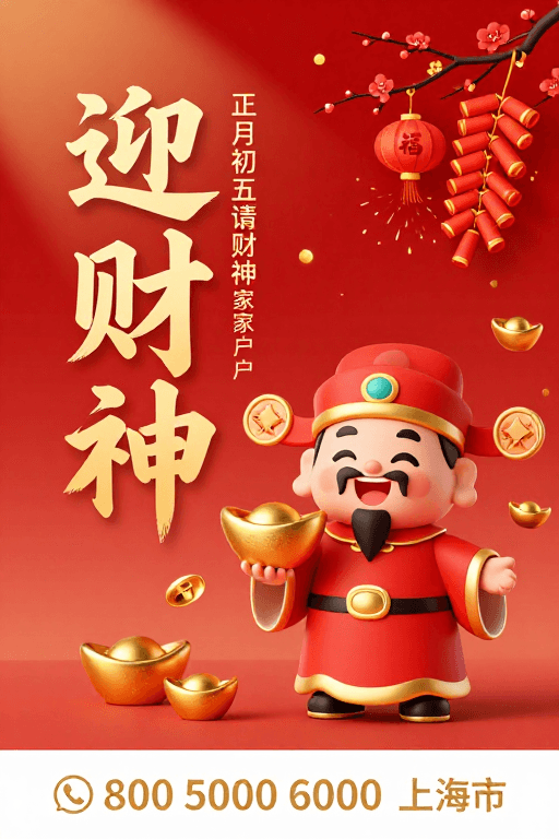 新年促销素材：迎财神 正月初五财运亨通 新春贺卡