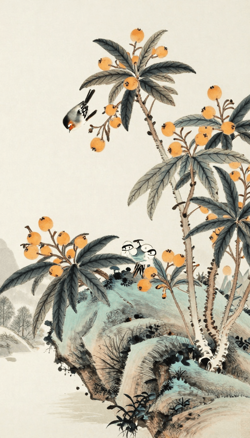 艺术装饰素材：国画枇杷山鸟图：传统笔墨中的自然诗意