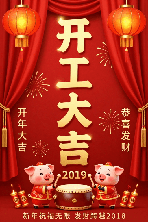 竖排文字素材：2019春节开工大吉 喜庆红金主题海报