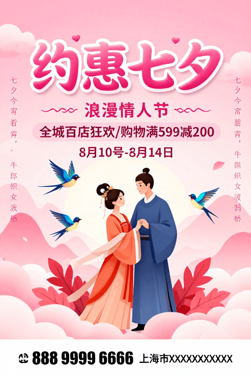 七夕节素材：梦幻粉红七夕浪漫促销海报