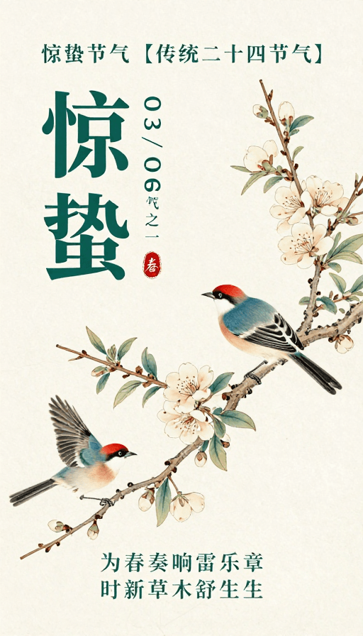 水墨工笔画素材：淡雅水墨惊蛰节气海报，传统春日意境