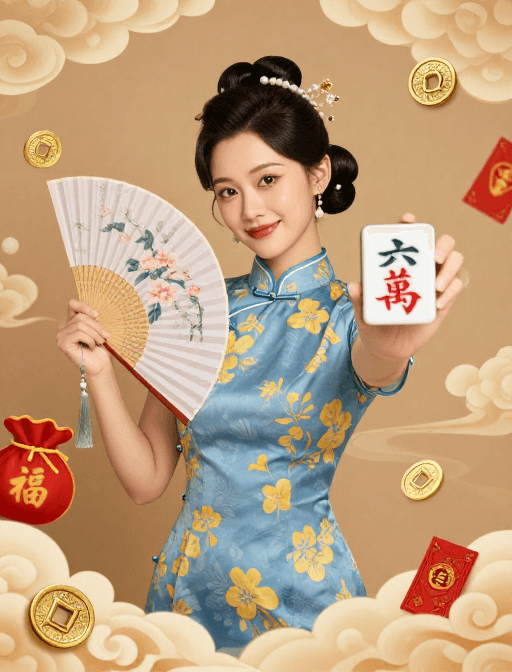 喜庆素材：蓝黄花旗袍女子持六万麻将牌，祥云背景喜庆贺岁