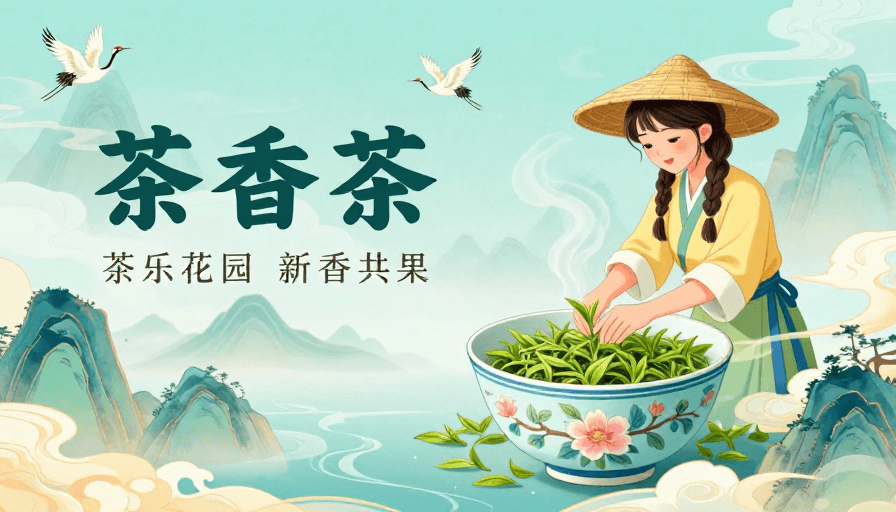 诗意构图素材：青绿雅韵：采茶少女与青花瓷的诗意画卷