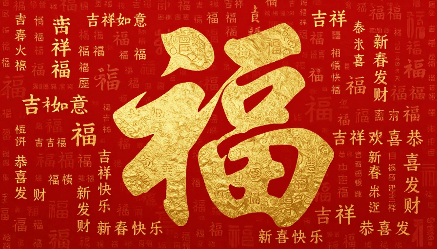 新年海报素材：中国新年红金福语·新春祝福背景图