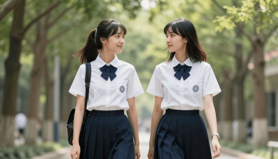 人物肖像素材：青春校园风采：两名女生校服漫步抓拍