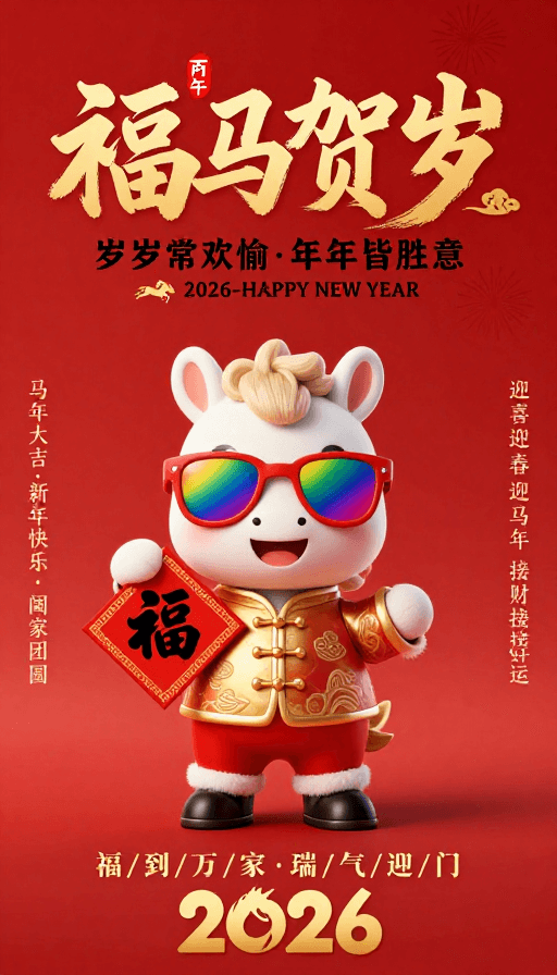 马年素材：福马贺岁：2026中国风新年插画海报