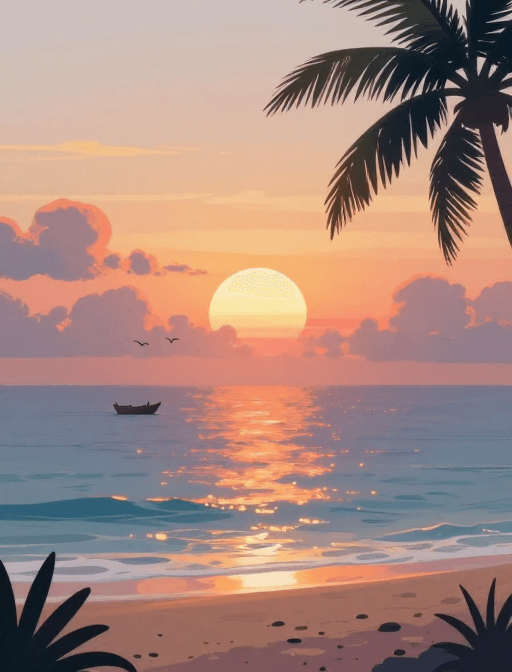 孤舟飞鸟素材：梦幻海岛日落：发光水面与孤舟的插画意境