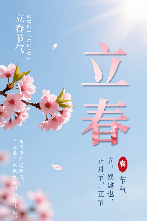 节气海报素材：立春樱花意境：清新春日艺术字海报设计