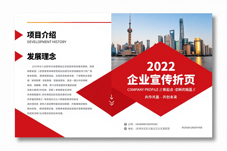 红白配色素材：现代商务风企业宣传折页设计：红白主调与都市景观融合