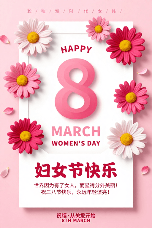 立体字体素材：粉漾雏菊：三八妇女节优雅祝福海报