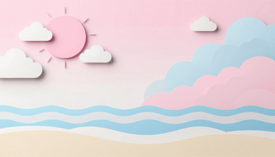 自然风景素材：柔和纸艺粉蓝渐变太阳与海浪背景图
