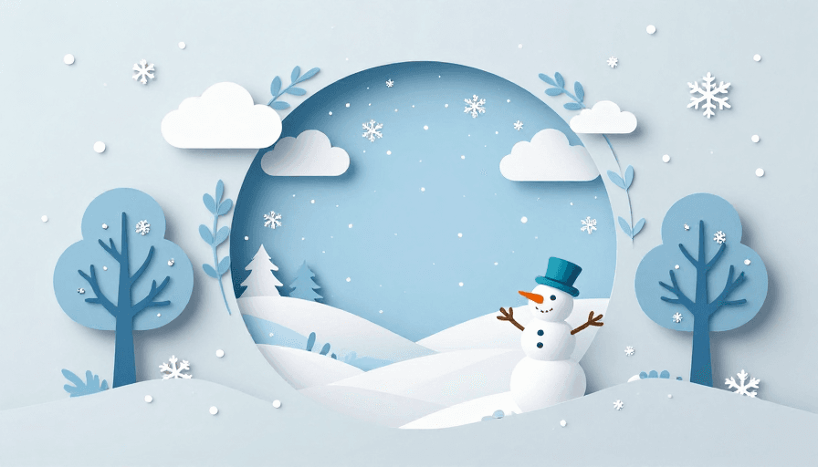 纸艺剪影素材：冬日雪景纸艺插画：雪人童趣背景