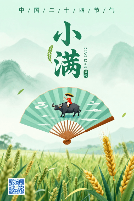 小满节气素材：小满时节·水墨青绿田园意境插画
