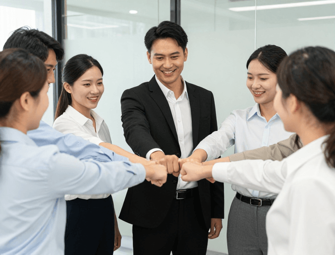 商务摄影素材：团队同心庆胜利：职场精英合作瞬间