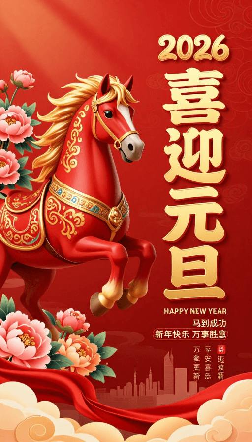 吉祥文化素材：2026喜迎元旦，金骏奔腾福满门