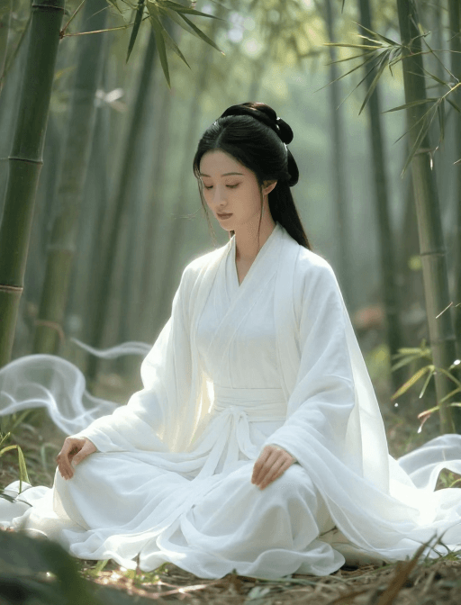 竹林背景素材：禅意仙风：东方白衣女子竹林静坐