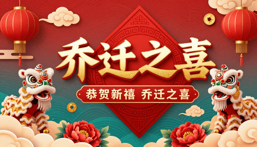乔迁之喜素材：朱红青绿撞色·传统喜庆乔迁海报设计