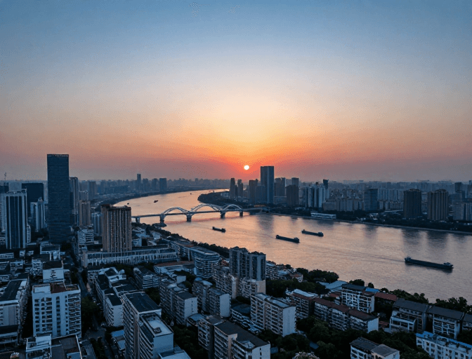 长江景观素材：长江畔都市日落：橙红霞光映照现代与旧城交融