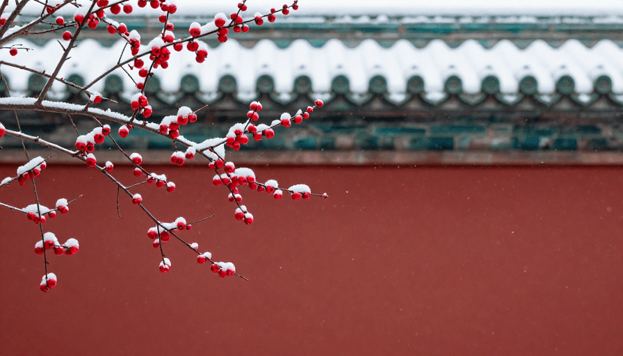 高清实景素材：雪中红梅映红墙，传统年味暖冬景
