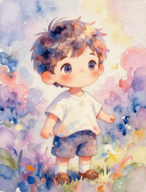 梦幻色彩素材：梦幻Q版男娃水彩插画：光影交织的奇幻梦境世界