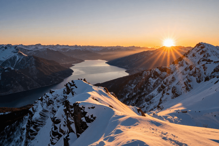 雪景全景素材：壮丽高山雪脊日出全景：金橙晨光映耀雪峰
